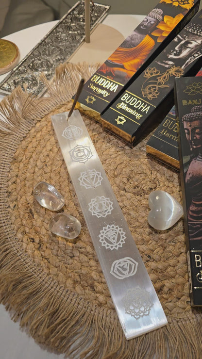 Räucherstäbchen-Halter Selenit Chakra-Symbole