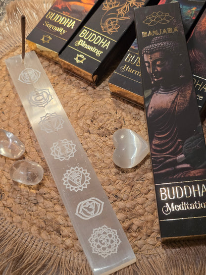Räucherstäbchen-Halter Selenit Chakra-Symbole